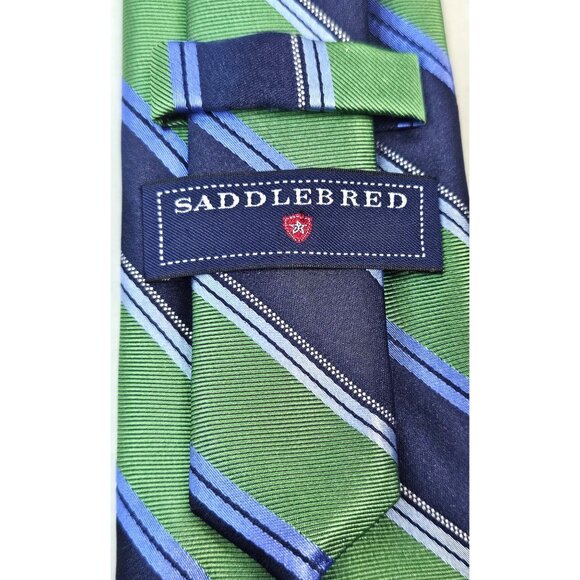 Saddlebred Green Navy Striped Rep Tie 45% Silk Mens Classic Necktie - Picture 5 of 7